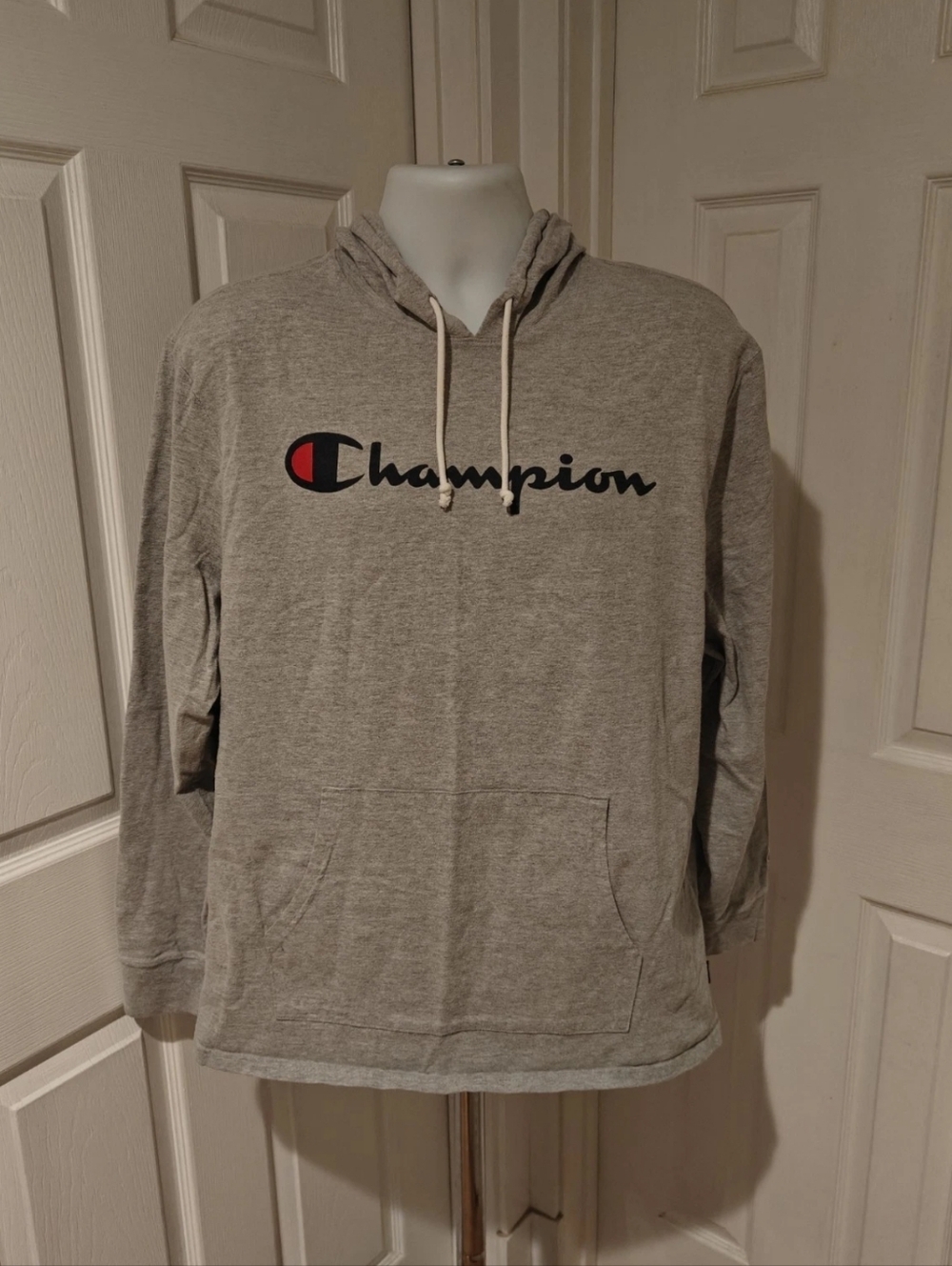Champion Hoodie Logo Pullover Sweatshirt Light Gray XL Cotton Polyester Blend